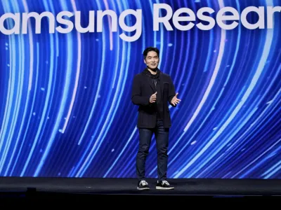 Sebastian Seung, corporate president and global R&D innovation officer at Samsung Electronics, speaks during a Samsung news conference before the start of the CES tech show Wednesday, Jan. 4, 2023, in Las Vegas. (AP Photo/John Locher)