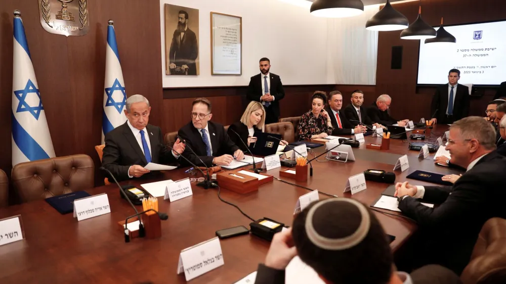 Israeli Prime Minister Benjamin Netanyahu attends the weekly cabinet meeting in Jerusalem, 3 January 2023. Atef Safadi/Pool via REUTERS