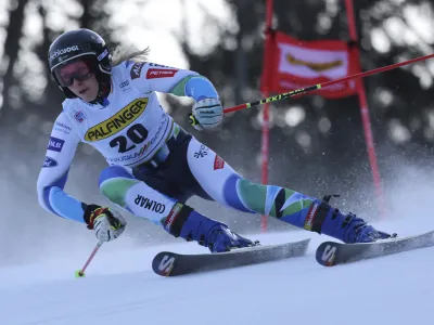 Slovenia's Ana Bucik speeds down the course during an alpine ski, women's World Cup giant slalom race, in Kranjska Gora, Slovenia, Saturday, Jan. 7, 2023. (AP Photo/Marco Trovati)