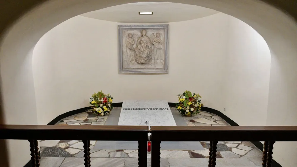 The tombstone of former Pope Benedict XVI is seen in The Holy Grotto of the Vatican, January 8, 2023. Vatican Media/­Handout via REUTERS  ATTENTION EDITORS - THIS IMAGE WAS PROVIDED BY A THIRD PARTY.