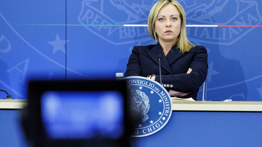 Italian Premier Giorgia Meloni atteds a press conference at the end of a Cabinet Ministers meeting in Rome, Monday, Oct. 31, 2022.(Roberto Monaldo/LaPresse via AP)