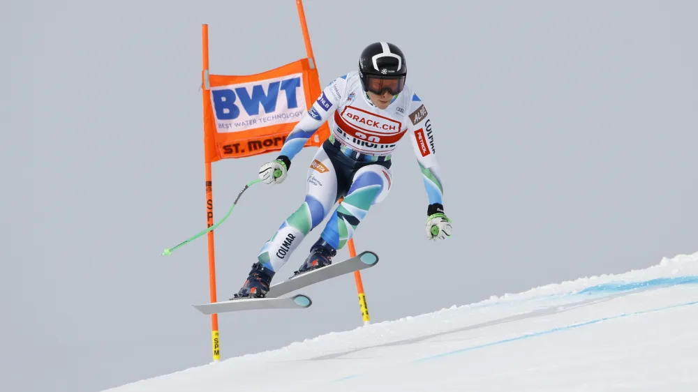 Slovenia's Ilka Stuhec speeds down the course during an alpine ski, women's World Cup downhill training, in St. Moritz, Switzerland, Thursday, Dec.15, 2022. (AP Photo/Giovanni Maria Pizzato)