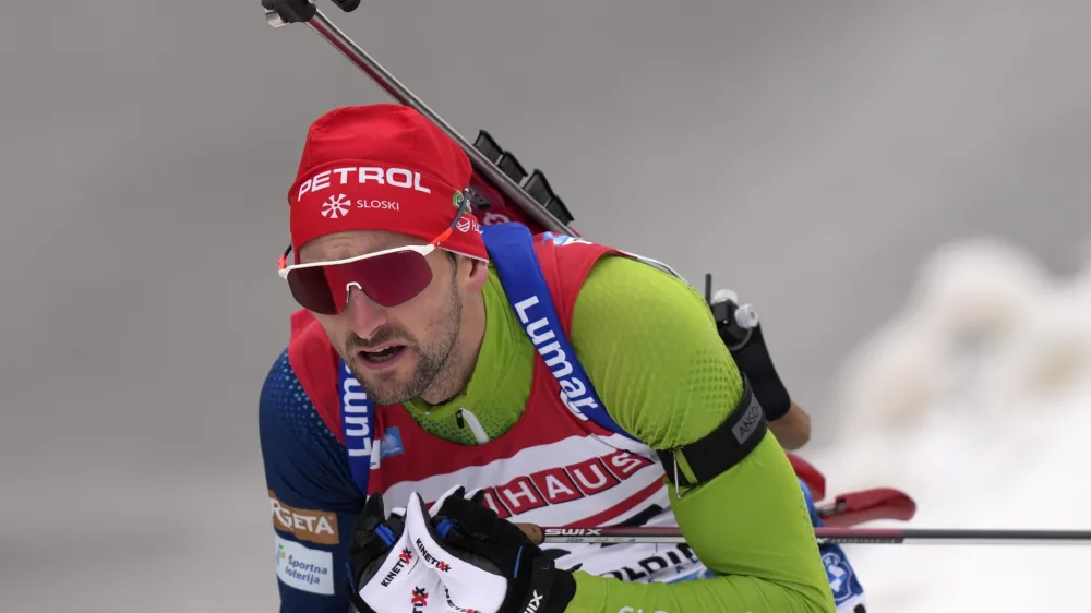 Jakov Fak of Slovenia competes during the men's 20km individual competition at the Biathlon World Cup race in Ruhpolding, Germany, Wednesday, Jan. 11, 2023. (AP Photo/Matthias Schrader)