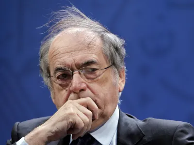 FILE - Head of French Football Federation (FFF) Noel Le Graet attends a press conference in Paris, Wednesday, March 2, 2016. The president of France's soccer federation apologized Monday Jan.9, 2023 after Kylian Mbappé, the French sports minister and Real Madrid all took him to task for brusque comments that he "couldn't care less" about Zinédine Zidane's future as a coach. (AP Photo/Christophe Ena, File)