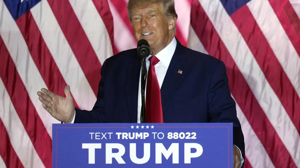 FILE - Former President Donald Trump announces a third run for president as he speaks at Mar-a-Lago in Palm Beach, Fla., Nov. 15, 2022. Trump is planning to hold the first public campaign event of his 2024 White House bid in the early-voting state of South Carolina. (AP Photo/Rebecca Blackwell, File)