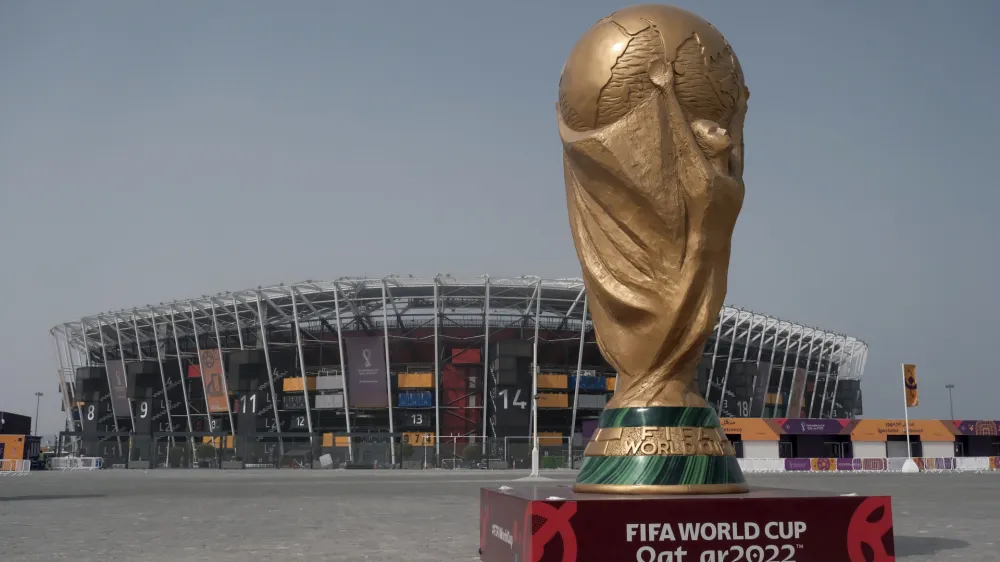 A picture shows Stadium 974, a venue of FIFA World Cup in Doha on Nov. 9, 2022. It is a temporary stadium made of 974 shipping containers. The number, 974 is the international code for calling Qatar and containers will be reused after the World Cup. (The Yomiuri Shimbun via AP Images)
