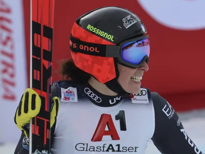 Italy's Federica Brignone reacts after completing an alpine ski, women's World Cup super-G, in St. Anton, Austria, Sunday, Jan.15, 2023. (AP Photo/Marco Trovati)