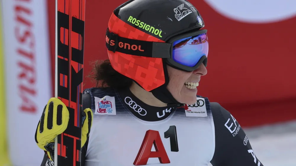 Italy's Federica Brignone reacts after completing an alpine ski, women's World Cup super-G, in St. Anton, Austria, Sunday, Jan.15, 2023. (AP Photo/Marco Trovati)