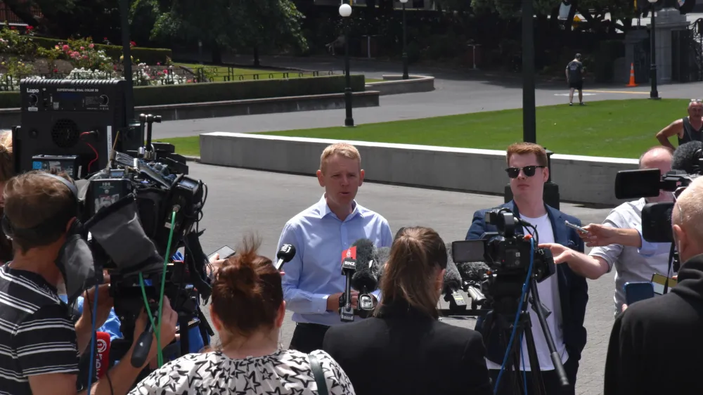 New Zealand Police Minister Chris Hipkins speaks to media outside Parliament House in Wellington, NZ, Saturday, January 21, 2023 New Zealand Police Minister Chris Hipkins is the sole candidate to succeed Jacinda Ardern as Labour leader and therefore the party's choice to become Prime Minister. (AAP Image/Ben McKay) NO ARCHIVING