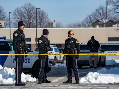 Des Moines police investigate a fatal multiple-injury shooting at Starts Right Here, a nonprofit educational mentorship program that helps at-risk metro Des Moines youth, in Des Moines, Iowa, U.S. January 23, 2023. Zach Boyden-Holmes/USA TODAY NETWORK via REUTERS NO RESALES. NO ARCHIVES. MANDATORY CREDIT