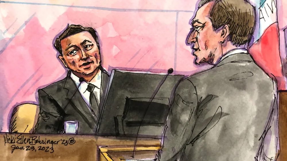 Tesla CEO Elon Musk is questioned by the investors' attorney Nicholas Porritt during a securities-fraud trial at federal court in San Francisco, California, U.S., January 23, 2023 in this courtroom sketch. REUTERS/Vicki Behringer