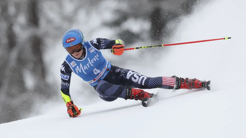 United States' Mikaela Shiffrin speeds down the course during an alpine ski, women's World Cup giant slalom, in Kronplatz, Italy, Tuesday, Jan. 24, 2023. (AP Photo/Alessandro Trovati)