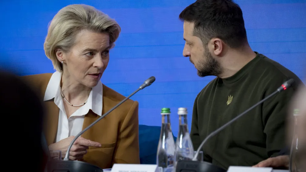 Ukrainian President Volodymyr Zelenskyy, right, and European Commission President Ursula von der Leyen attend the EU-Ukraine summit in Kyiv, Ukraine, Thursday, Feb. 2, 2023. (Ukrainian Presidential Press Office via AP)