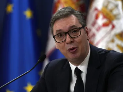 Serbian President Aleksandar Vucic speaks during an annual public address in Belgrade, Serbia, Wednesday, Jan. 4, 2023, amid recent tensions in Kosovo and a difficult economic situation. (AP Photo/Darko Vojinovic)