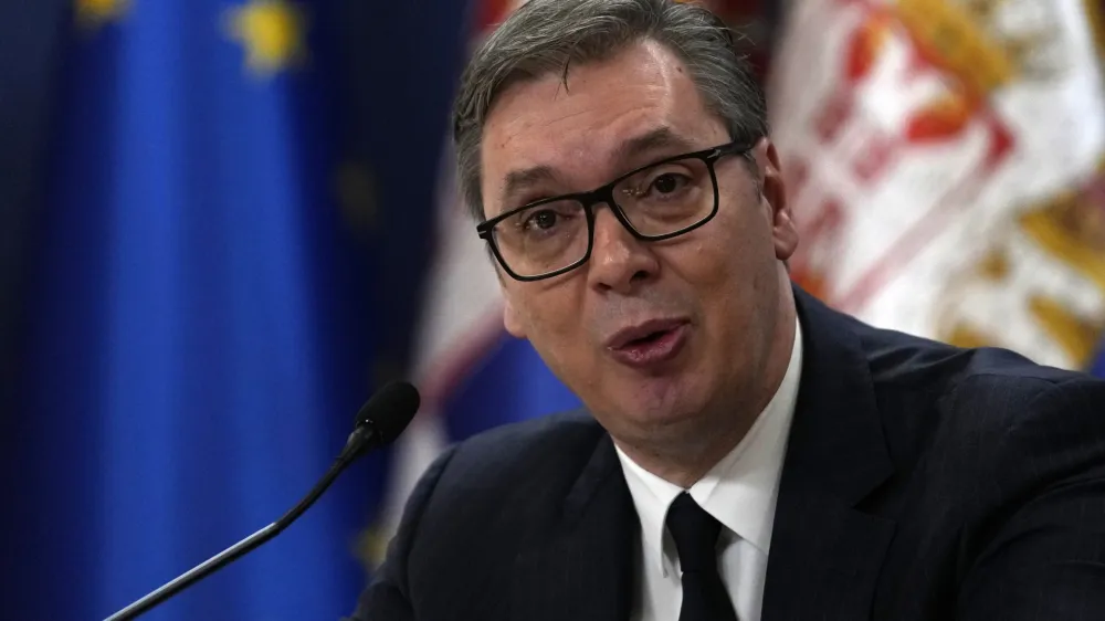 Serbian President Aleksandar Vucic speaks during an annual public address in Belgrade, Serbia, Wednesday, Jan. 4, 2023, amid recent tensions in Kosovo and a difficult economic situation. (AP Photo/Darko Vojinovic)