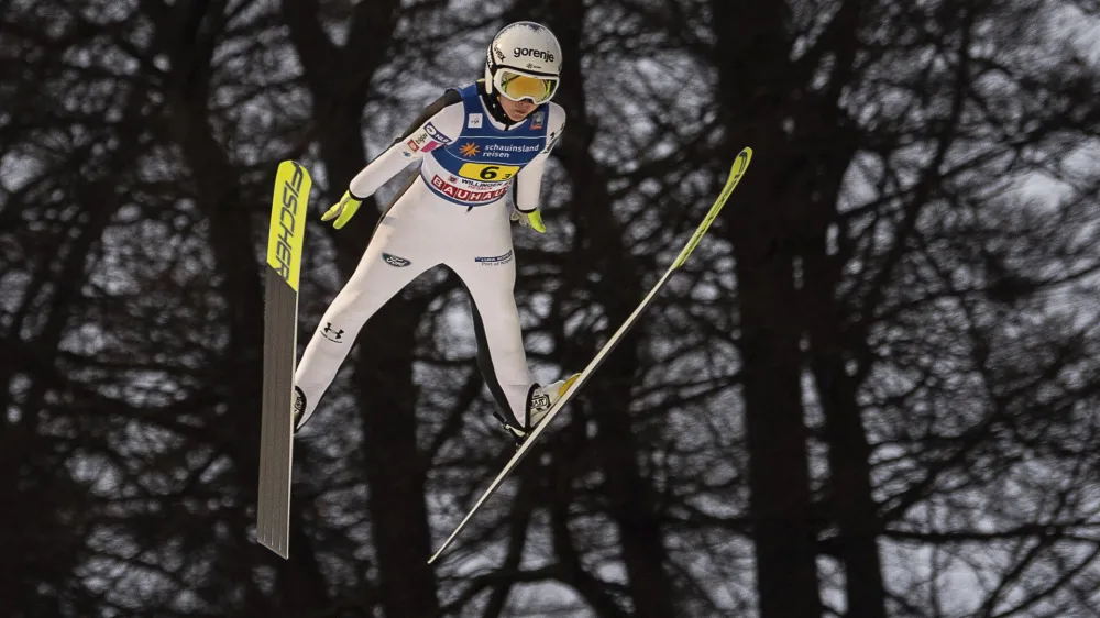 Slovenia's Ema Klinec in action during the World Cup, large hill, team jumping mixed in Willingen, Germany, Friday Feb. 3 2023. (Swen Pfortner/dpa via AP)