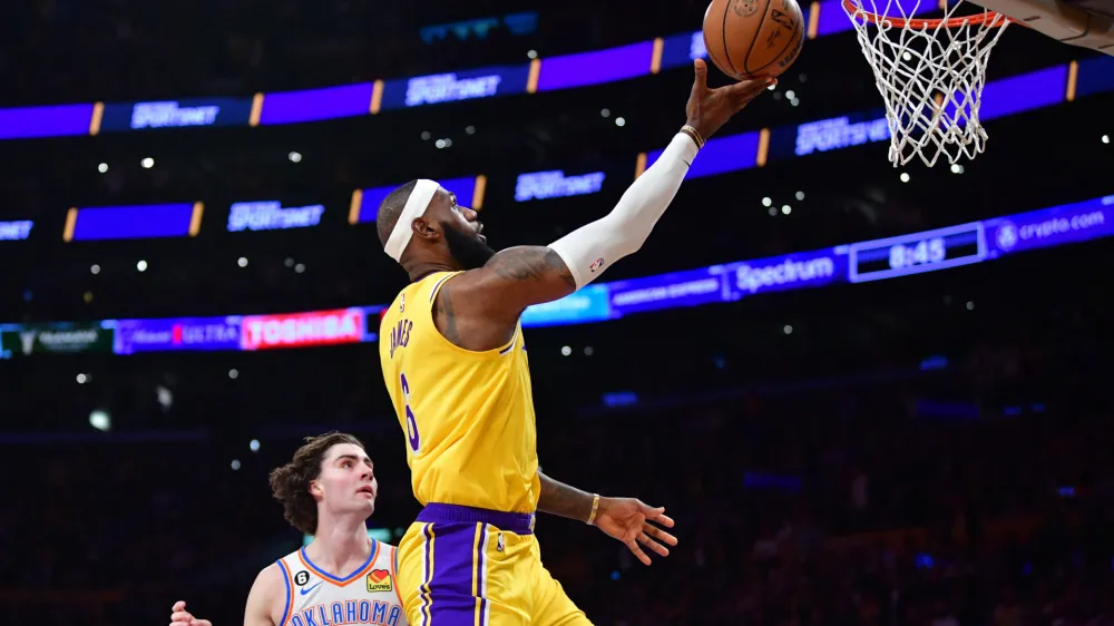 Feb 7, 2023; Los Angeles, California, USA; Los Angeles Lakers forward LeBron James (6) shoots the ball in the second half against the Oklahoma City Thunder at Crypto.com Arena. Mandatory Credit: Gary A. Vasquez-USA TODAY Sports