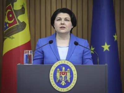 Moldovan Prime Minister Natalia Gavrilita announces her resignation during a news conference in Chisinau, Moldova, Friday, Feb 10, 2023. Moldova's government collapsed Friday as pro-Western Prime Minister Natalia Gavrilita resigned, adding to a series of crises that have gripped the small nation since Russia invaded its neighbor, Ukraine. (AP Photo/Aurel Obreja)