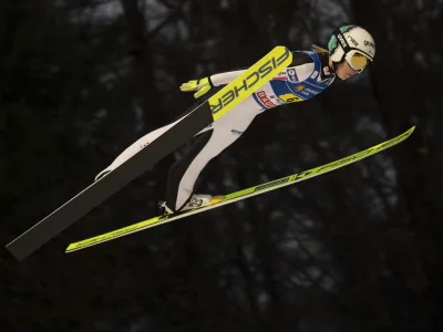 Slovenia's Ema Klinec in action during the World Cup, large hill, team jumping mixed in Willingen, Germany, Friday Feb. 3 2023. (Swen Pfortner/dpa via AP)