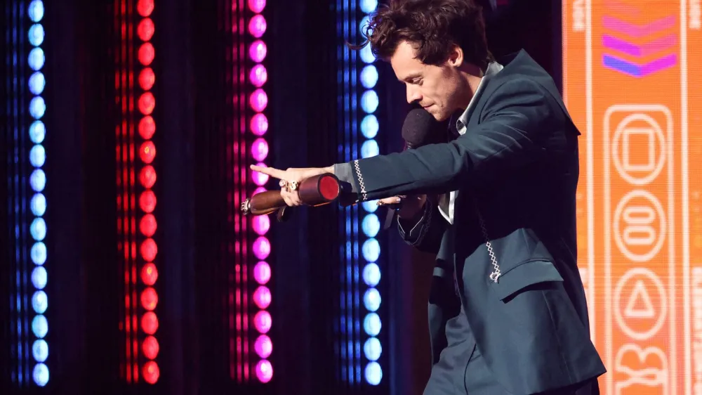 Harry Styles speaks after receiving the award for Song of the Year at the Brit Awards at the O2 Arena in London, Britain, February 11, 2023. REUTERS/Henry Nicholls