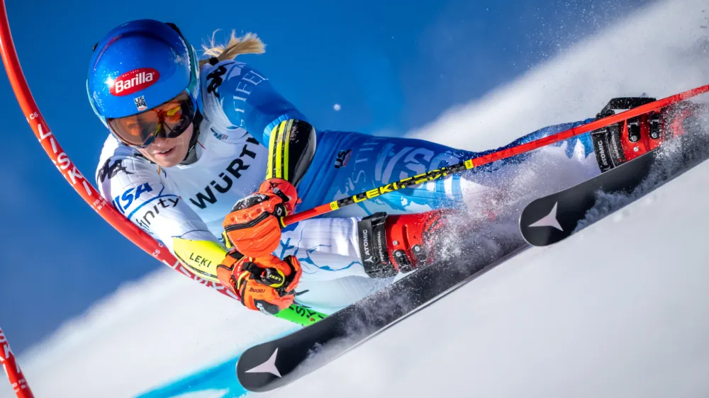 16 February 2023, France, Courchevel: USA's Mikaela Shiffrin competes in the 1st run of the women's giant slalom during the Alpine Ski World Championship in Courchevel. Photo: Michael Kappeler/dpa