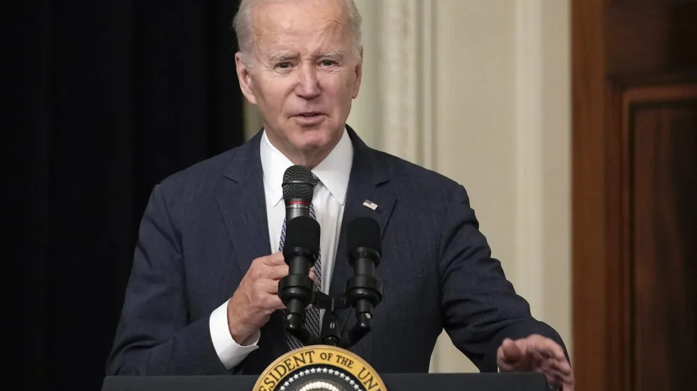 President Joe Biden speaks before the screening of the movie "Till" in the East Room of the White House in Washington, Thursday, Feb. 16, 2023. The movie, "Till," is the story of Mamie Till-Mobley who pursued justice after the lynching of her 14-year-old son, Emmett Till, in 1955. (AP Photo/Susan Walsh)