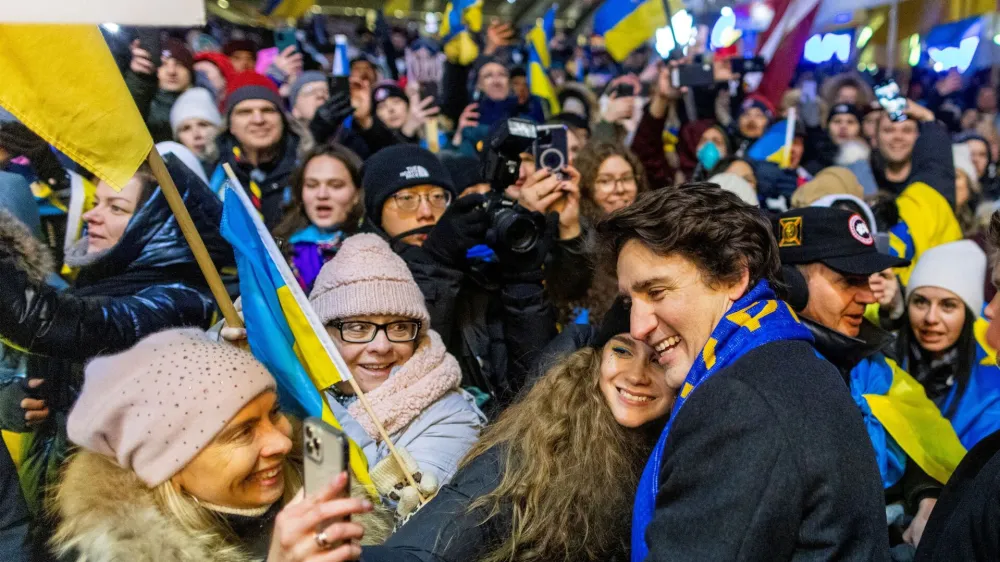 Canada's Prime Minister Justin Trudeau attends a rally in support of Ukraine on the one year anniversary of Russia's invasion of Ukraine, at Nathan Phillips Square, in Toronto Ontario, Canada February 24, 2023. REUTERS/Carlos Osorio