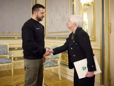 Ukraine's President Volodymyr Zelenskiy welcomes U.S. Treasury Secretary Janet Yellen, amid Russia's attack on Ukraine, in Kyiv, Ukraine February 27, 2023. Ukrainian Presidential Press Service/Handout via REUTERS ATTENTION EDITORS - THIS IMAGE HAS BEEN SUPPLIED BY A THIRD PARTY.