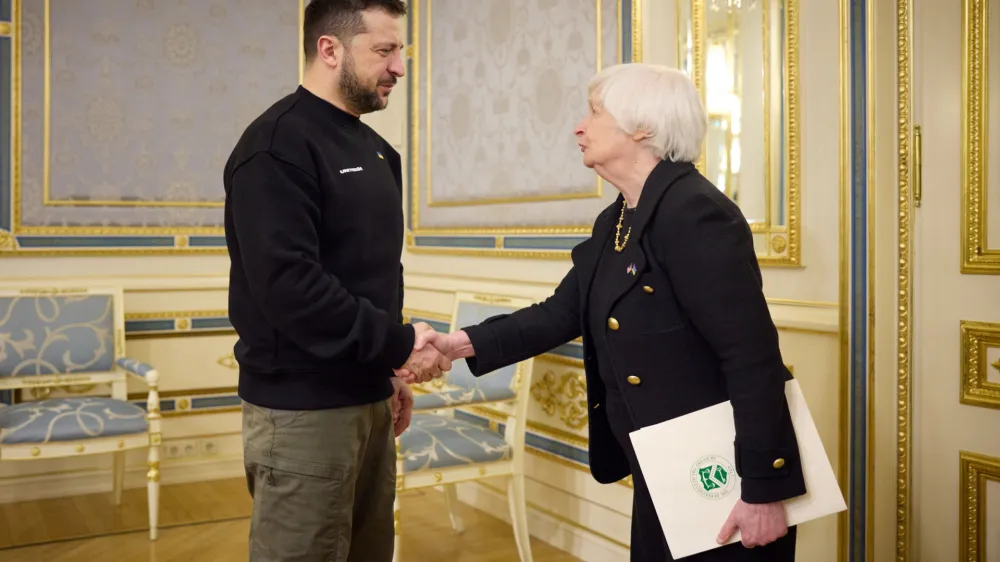 Ukraine's President Volodymyr Zelenskiy welcomes U.S. Treasury Secretary Janet Yellen, amid Russia's attack on Ukraine, in Kyiv, Ukraine February 27, 2023. Ukrainian Presidential Press Service/Handout via REUTERS ATTENTION EDITORS - THIS IMAGE HAS BEEN SUPPLIED BY A THIRD PARTY.