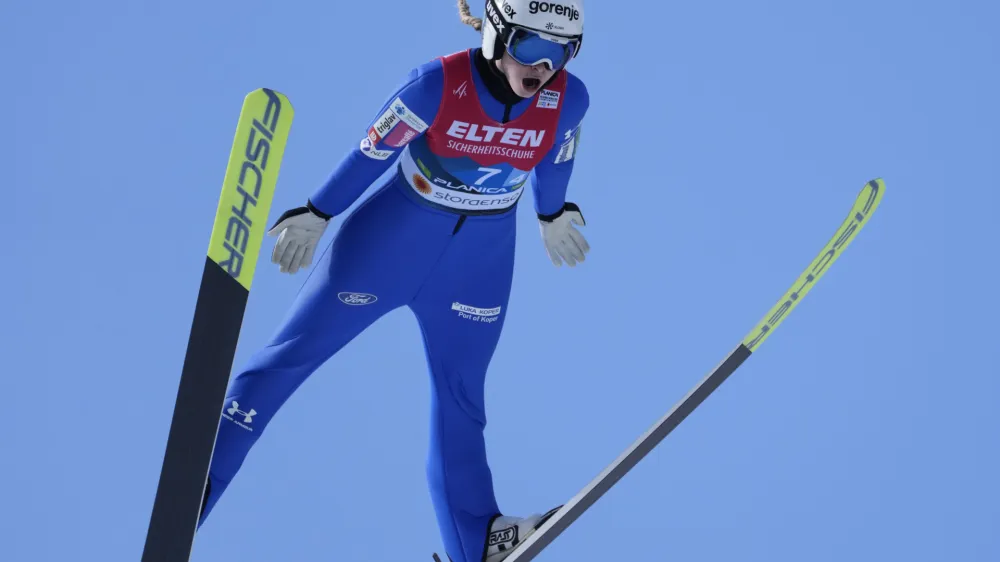 Slovenia's Nika Kriznar competes during the Team Women HS100 competition at the Nordic World Championships in Planica, Slovenia, Saturday, Feb. 25, 2023. (AP Photo/Darko Bandic)