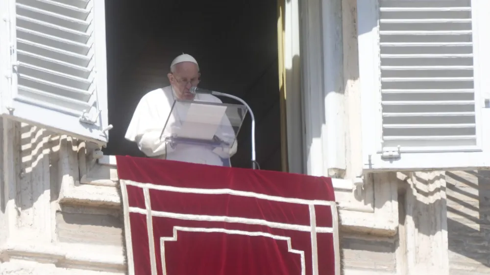 Pope Francis delivers the Angelus noon prayer in St. Peter's Square at the Vatican, Sunday, March 5, 2023. (AP Photo/Gregorio Borgia)