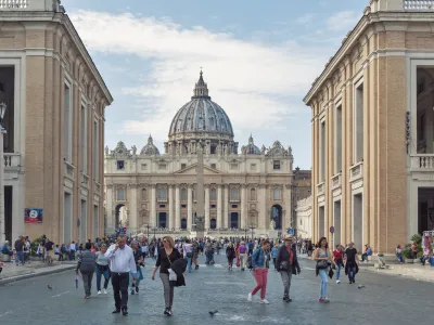 Rome, Italy - October 2019: View from Via della Conciliazione (Road of the Conciliation), one of historic street in Rome, Italy, towards St. Peter's Basilica in Vatican City