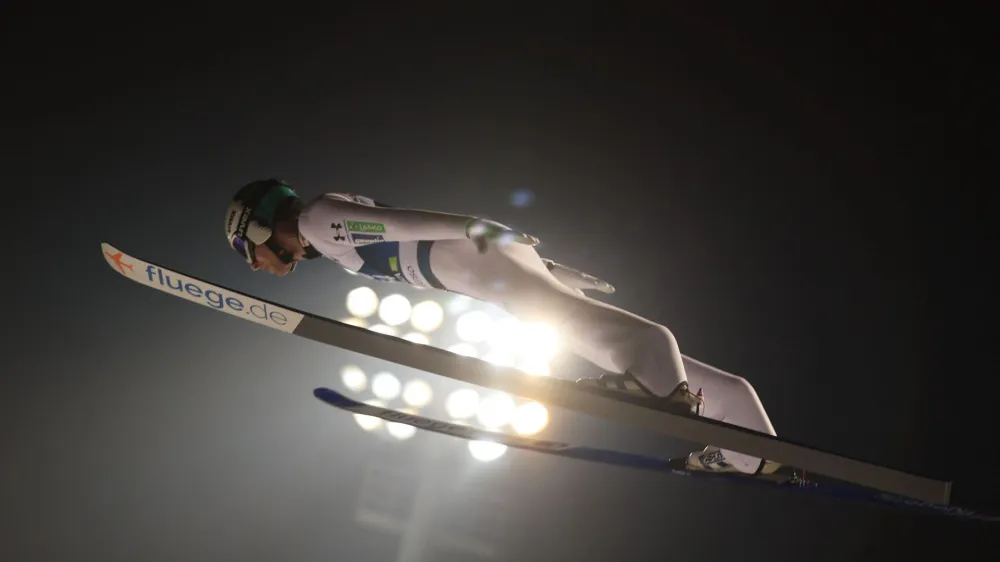 Nordic Skiing - FIS Nordic World Ski Championships - Planica, Slovenia - March 2, 2023 Slovenia's Timi Zajc in action during the men's HS138 qualification REUTERS/Borut Zivulovic