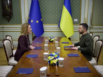 Ukraine's President Volodymyr Zelenskiy and European Parliament President Roberta Metsola attend a meeting, amid Russia's attack on Ukraine, in Lviv, Ukraine March 4, 2023. Ukrainian Presidential Press Service/Handout via REUTERS ATTENTION EDITORS - THIS IMAGE HAS BEEN SUPPLIED BY A THIRD PARTY.