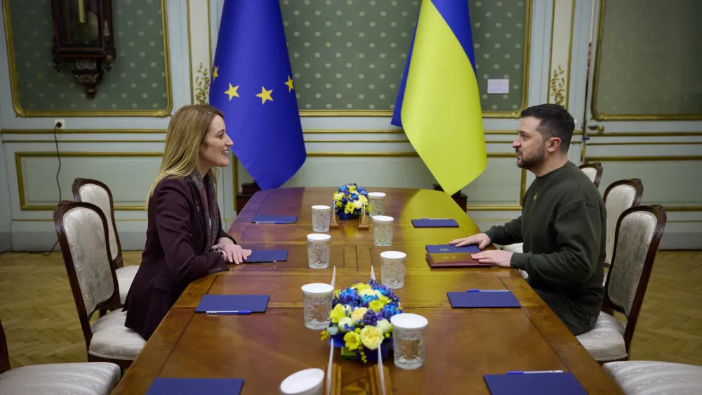 Ukraine's President Volodymyr Zelenskiy and European Parliament President Roberta Metsola attend a meeting, amid Russia's attack on Ukraine, in Lviv, Ukraine March 4, 2023. Ukrainian Presidential Press Service/Handout via REUTERS ATTENTION EDITORS - THIS IMAGE HAS BEEN SUPPLIED BY A THIRD PARTY.