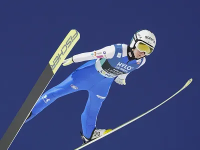 Ema Klinec from Slovenia during the RAW AIR women's ski jumping HS 124 during the Holmenkollen Ski Festival, Oslo, Norway, Saturday March 11, 2023. (Geir Olsen/NTB via AP)