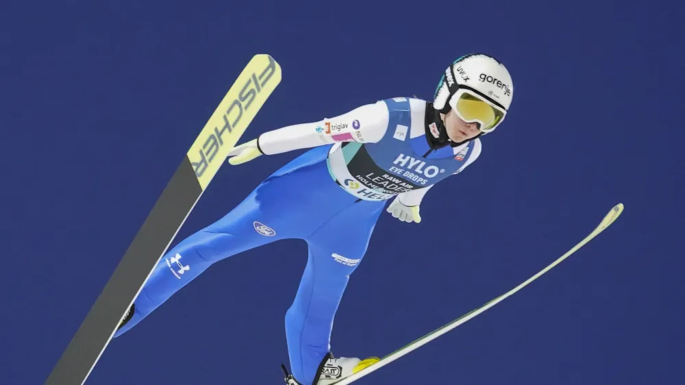 Ema Klinec from Slovenia during the RAW AIR women's ski jumping HS 124 during the Holmenkollen Ski Festival, Oslo, Norway, Saturday March 11, 2023. (Geir Olsen/NTB via AP)