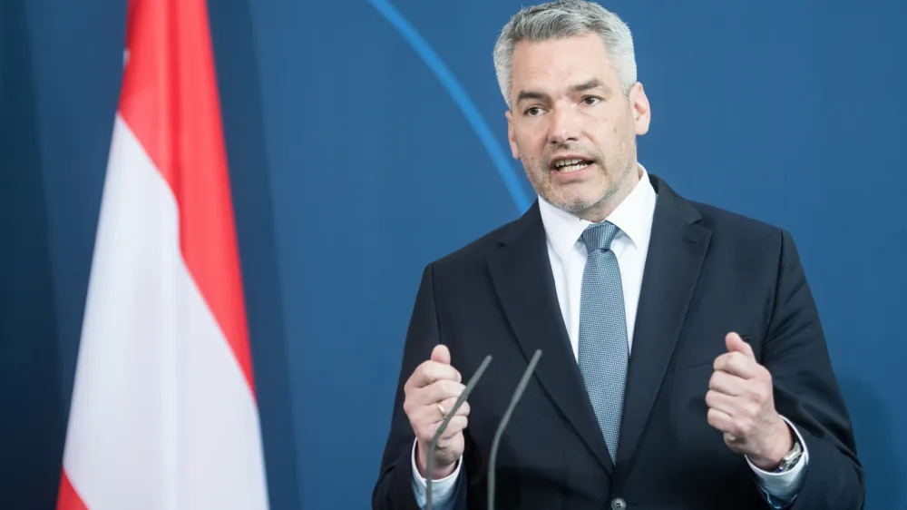 FILED - 31 March 2022, Berlin: Austrian Chancellor Karl Nehammer speaks during a press conference in Berlin. Photo: Steffi Loos/Getty Images Europe/Pool/dpa