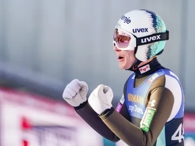 Anze Lanisek from Slovenia after his second jump during ski jumping RAW AIR HS 124 during the Holmenkollen Ski Festival, Oslo, Norway, Saturday March 11, 2023. (Terje Bendiksby/NTB via AP)