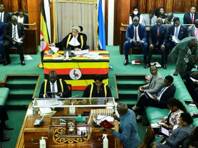 Bugiri Municipality Member of Parliament Asuman Basalirwa, addresses the house as he participates in the debate of the Anti-Homosexuality bill, which proposes tough new penalties for same-sex relations during a sitting at the Parliament buildings in Kampala, Uganda March 21, 2023. REUTERS/Abubaker Lubowa