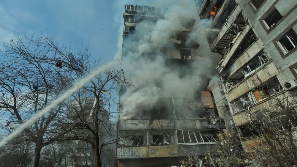 A view shows a residential building damaged by a Russian missile strike, amid Russia's attack on Ukraine, in Zaporizhzhia, Ukraine March 22, 2023. REUTERS/Stringer