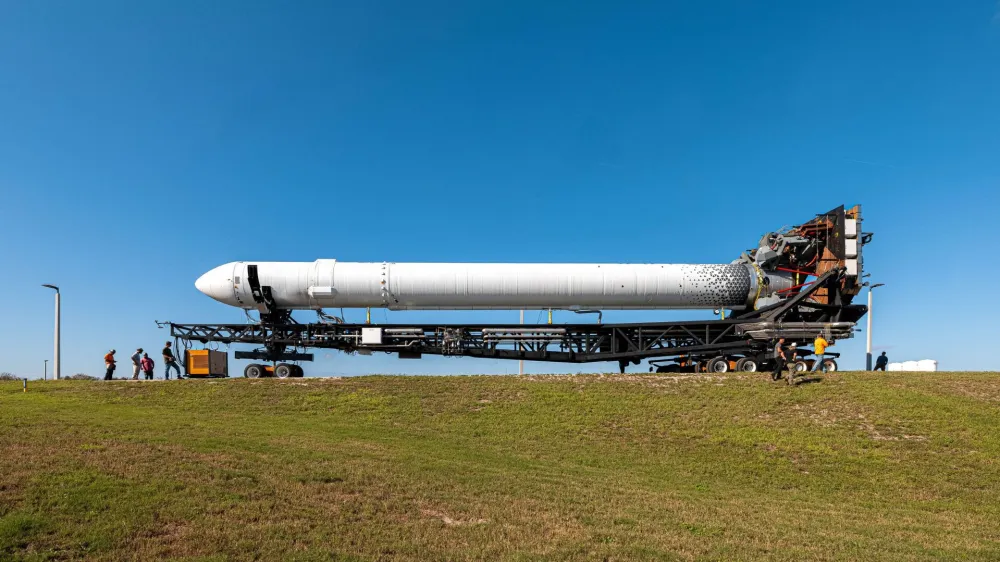 FILE PHOTO: Relativity Space's 3D-printed rocket Terran 1 sits is rolled out to the launch pad at the Cape Canaveral Air Force Station in this December 7, 2022 photograph released ahead of its scheduled launch in Cape Canaveral, Florida, March 8, 2023. Trevor Mahlmann/Relativity Space via REUTERS/Handout/File Photo