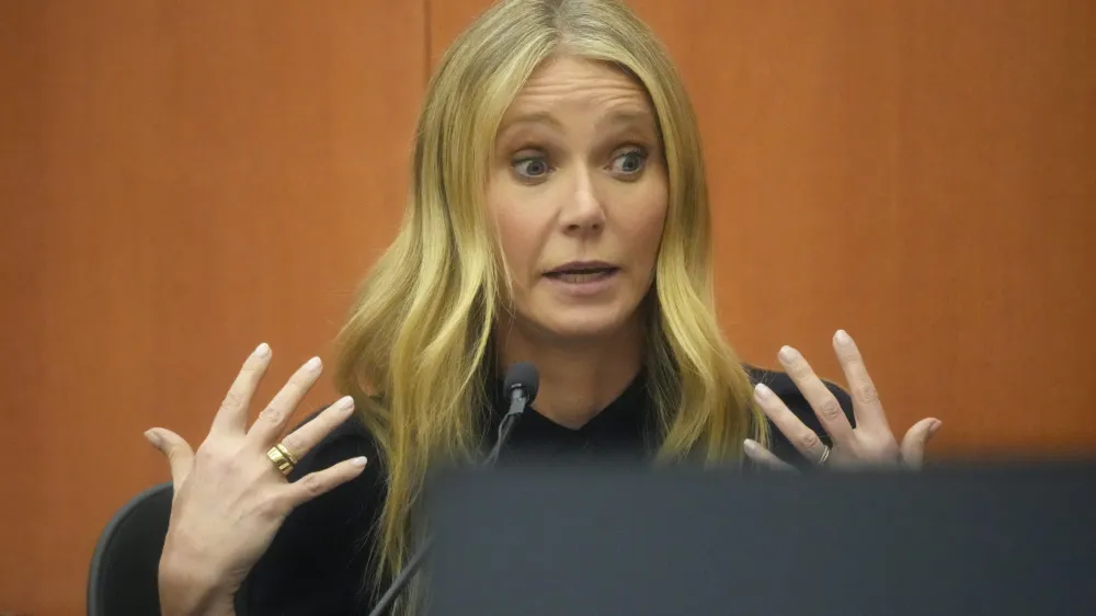 Gwyneth Paltrow testifies during her trial, Friday, March 24, 2023, in Park City, Utah. Paltrow is accused in a lawsuit of crashing into a skier during a 2016 family ski vacation, leaving him with brain damage and four broken ribs. (AP Photo/Rick Bowmer, Pool)