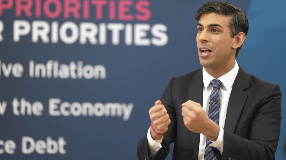 Britain's Prime Minister Rishi Sunak gestures as he attends a Q&A session during a Connect event at a Boxing Club in Chelmsford, Essex, England, Monday, March 27, 2023.(AP Photo/Kin Cheung, pool)