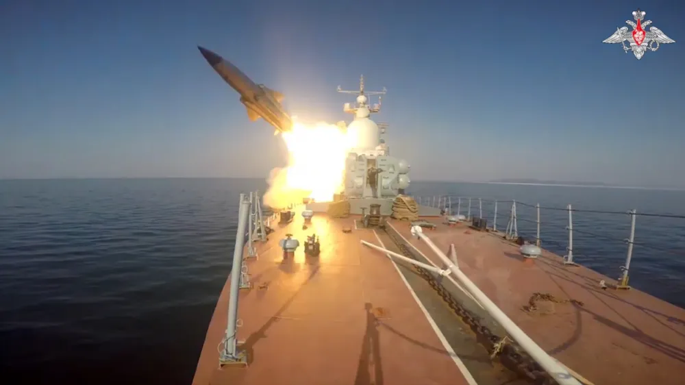 In this photo made from video provided by the Russian Defense Ministry Press Service on Tuesday, March 28, 2023, a Russian navy boat launches an anti-ship missile test in the Peter The Great Gulf in the Sea of Japan. Russia's Defense Ministry says Moscow has test-fired anti-ship missiles in the Sea of Japan. The ministry said Tuesday that a few boats launched a simulated missile attack on a mock enemy warship about 60 miles away. (Russian Defense Ministry Press Service via AP)