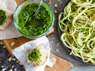 Vegan lunch with pasta and ramson pesto sauce