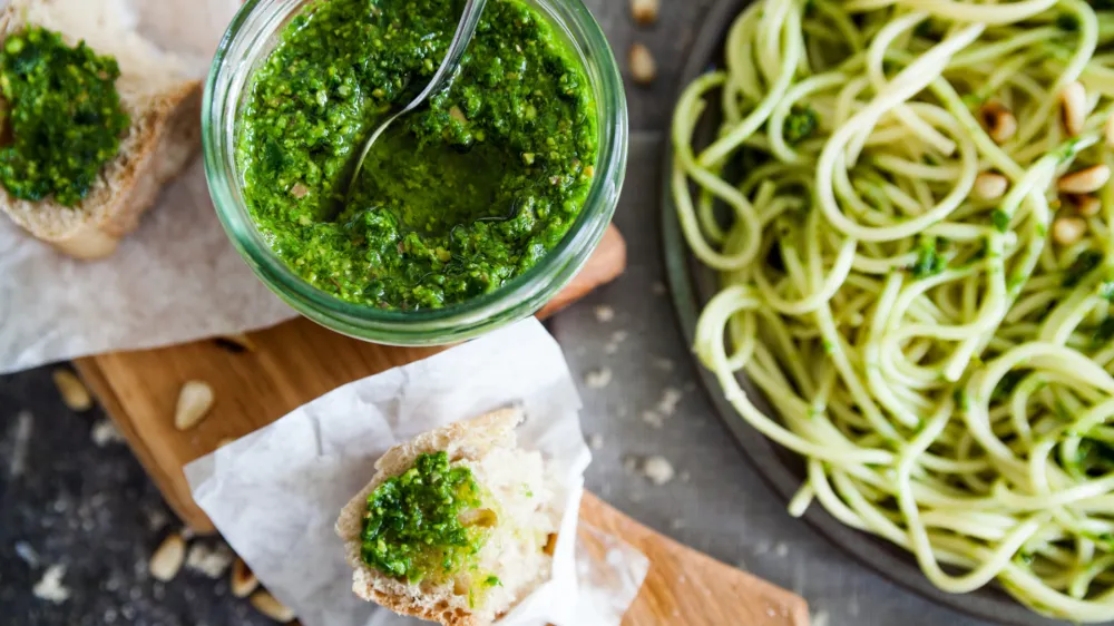 Vegan lunch with pasta and ramson pesto sauce