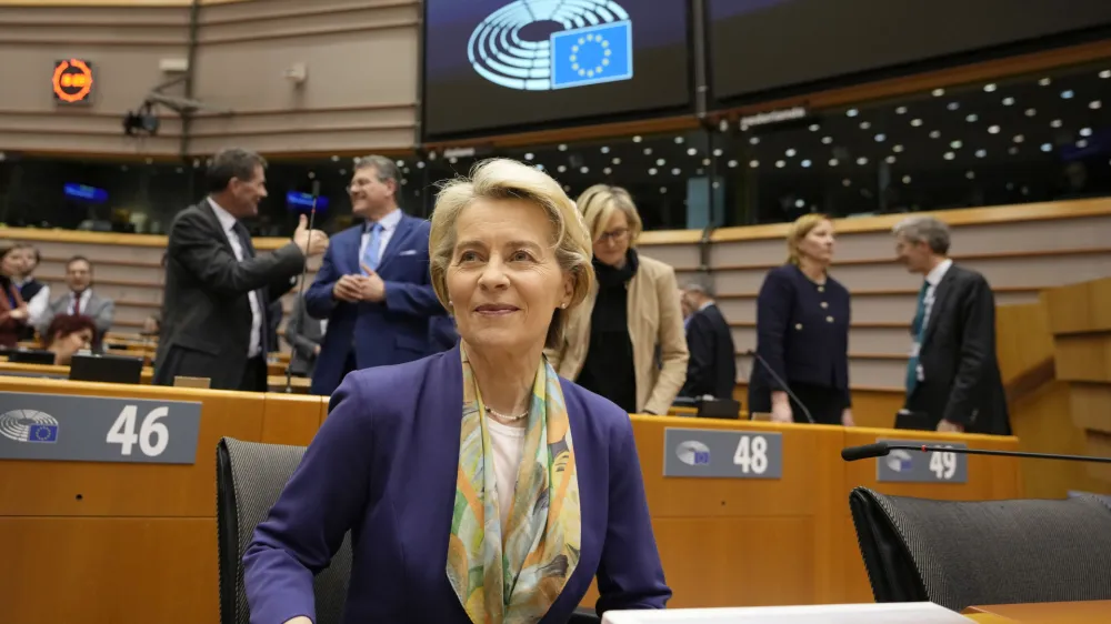 European Commission President Ursula von der Leyen waits for the start of a plenary session at the European Parliament in Brussels, Wednesday, March 29, 2023. (AP Photo/Virginia Mayo)