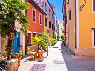 Idyllic colorful mediterranean street of Novigrad Istarski, town in archipelago of Istria, Croatia