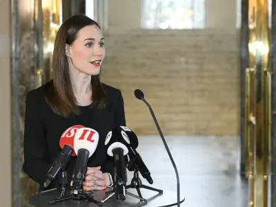 05 April 2023, Finland, Helsinki: Social Democratic Party of Finland (SDP) Chairperson and Prime Minister Sanna Marin speaks during a press conference at the Parliament in Helsinki. Photo: Heikki Saukkomaa/Lehtikuva/dpa